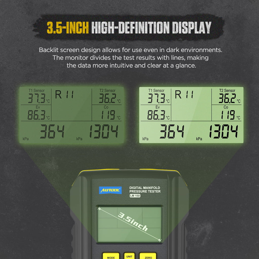 AUTOOL Air-Conditioning Refrigerator Refrigeration Digital Manifold Gauge Set, HVAC Pressure Gauge Tools, 3.5 Inch Display Vacuum Leak Detector, Support 93 Kinds Refrigerant, LM150