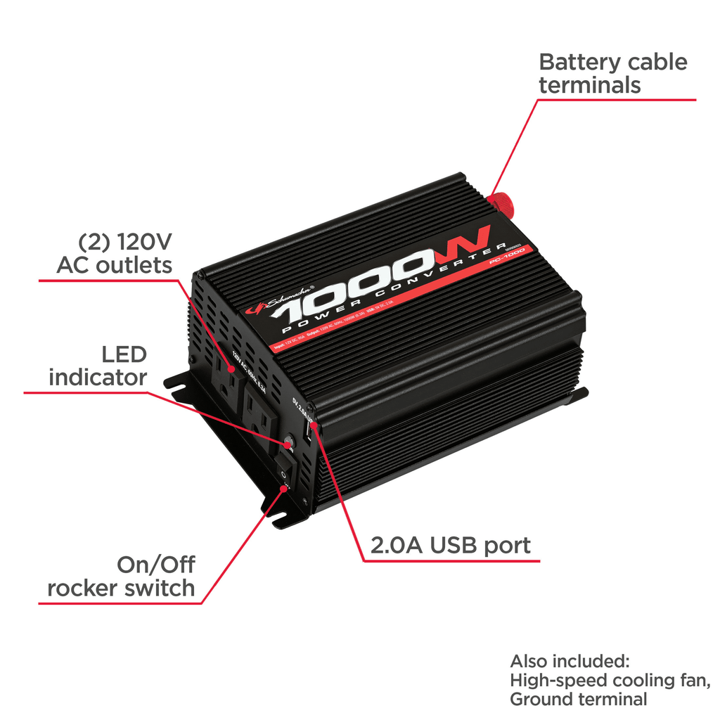 Schumacher 1000 Continuous Watt/2000 Peak Watt Power Inverter – Convert 12V DC Power to 120V AC Household Power