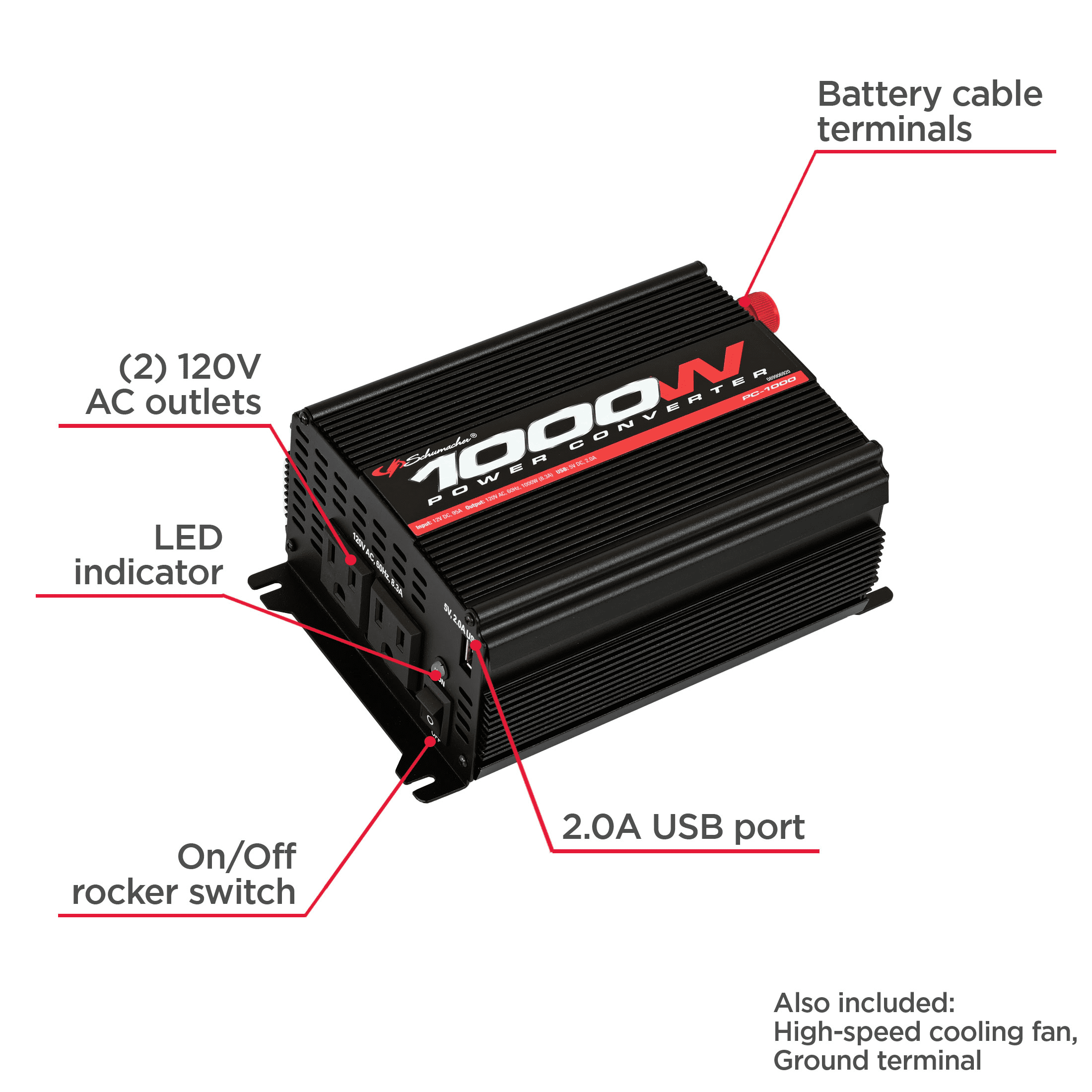Schumacher 1000 Continuous Watt/2000 Peak Watt Power Inverter – Convert 12V DC Power to 120V AC Household Power