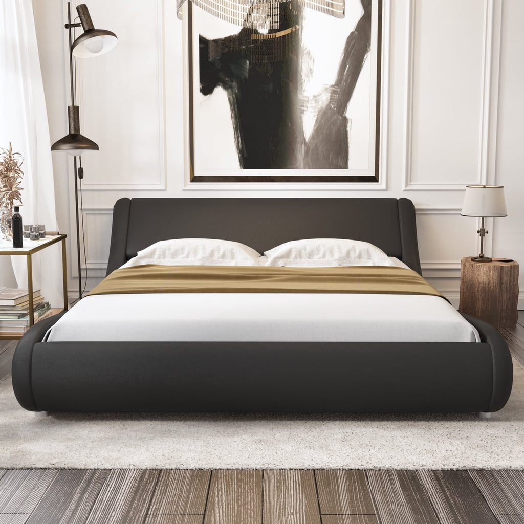 Amolife Queen Size Bed Frame with Curved Adjustable Headboard, Faux Leather Upholtered Platform Bed, Black