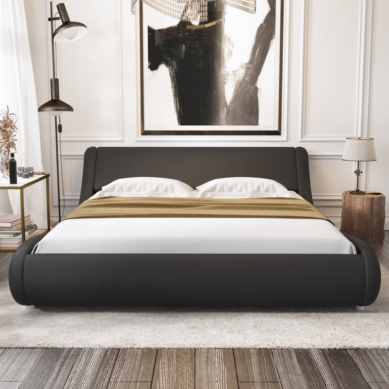 Amolife Queen Size Bed Frame with Curved Adjustable Headboard, Faux Leather Upholtered Platform Bed, Black