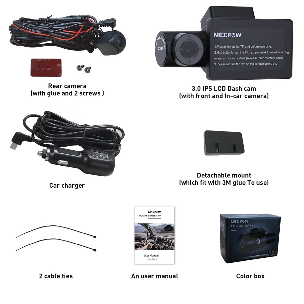 NEXPOW Car Dash Cam 3 Channel, 4k Dash Camera Front and Rear, Dashcam Three Way with 3" LCD Screen, Triple Car Camera with IR Night Vision, Loop Recording, G-Sensor, Parking Monitor