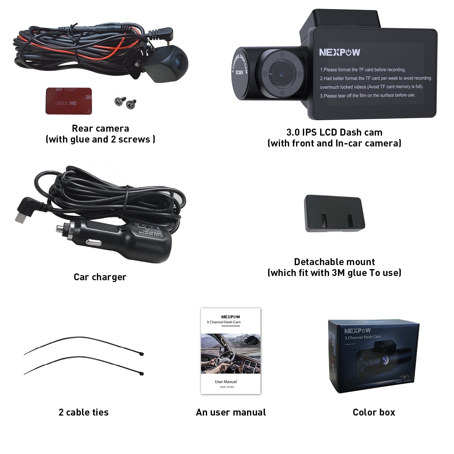 NEXPOW Car Dash Cam 3 Channel, 4k Dash Camera Front and Rear, Dashcam Three Way with 3" LCD Screen, Triple Car Camera with IR Night Vision, Loop Recording, G-Sensor, Parking Monitor
