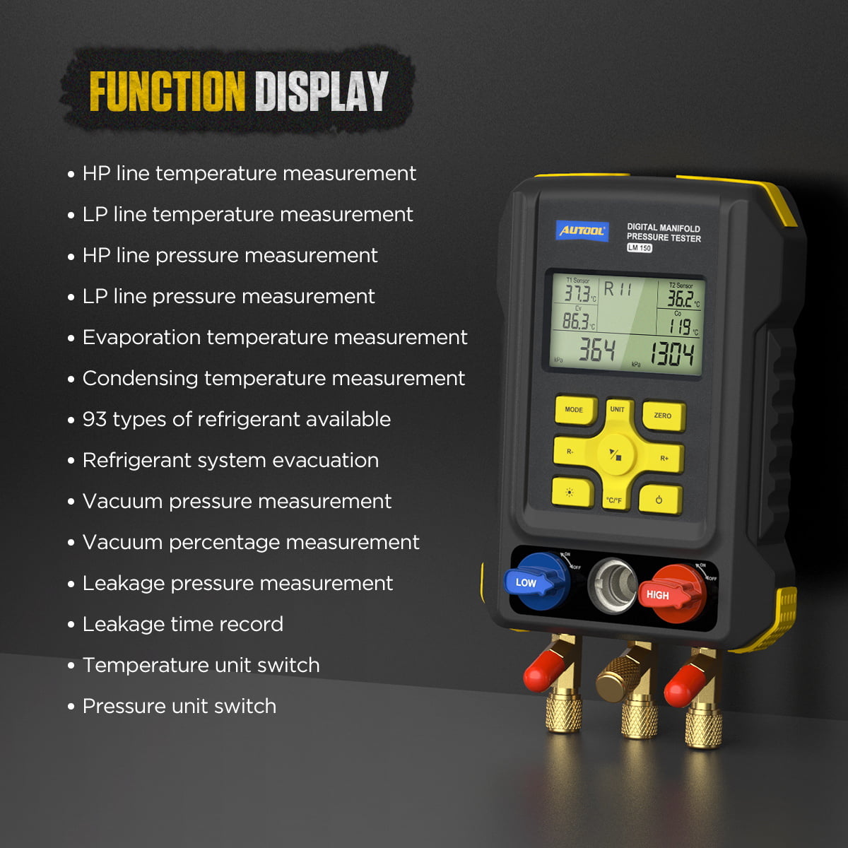 AUTOOL Air-Conditioning Refrigerator Refrigeration Digital Manifold Gauge Set, HVAC Pressure Gauge Tools, 3.5 Inch Display Vacuum Leak Detector, Support 93 Kinds Refrigerant, LM150