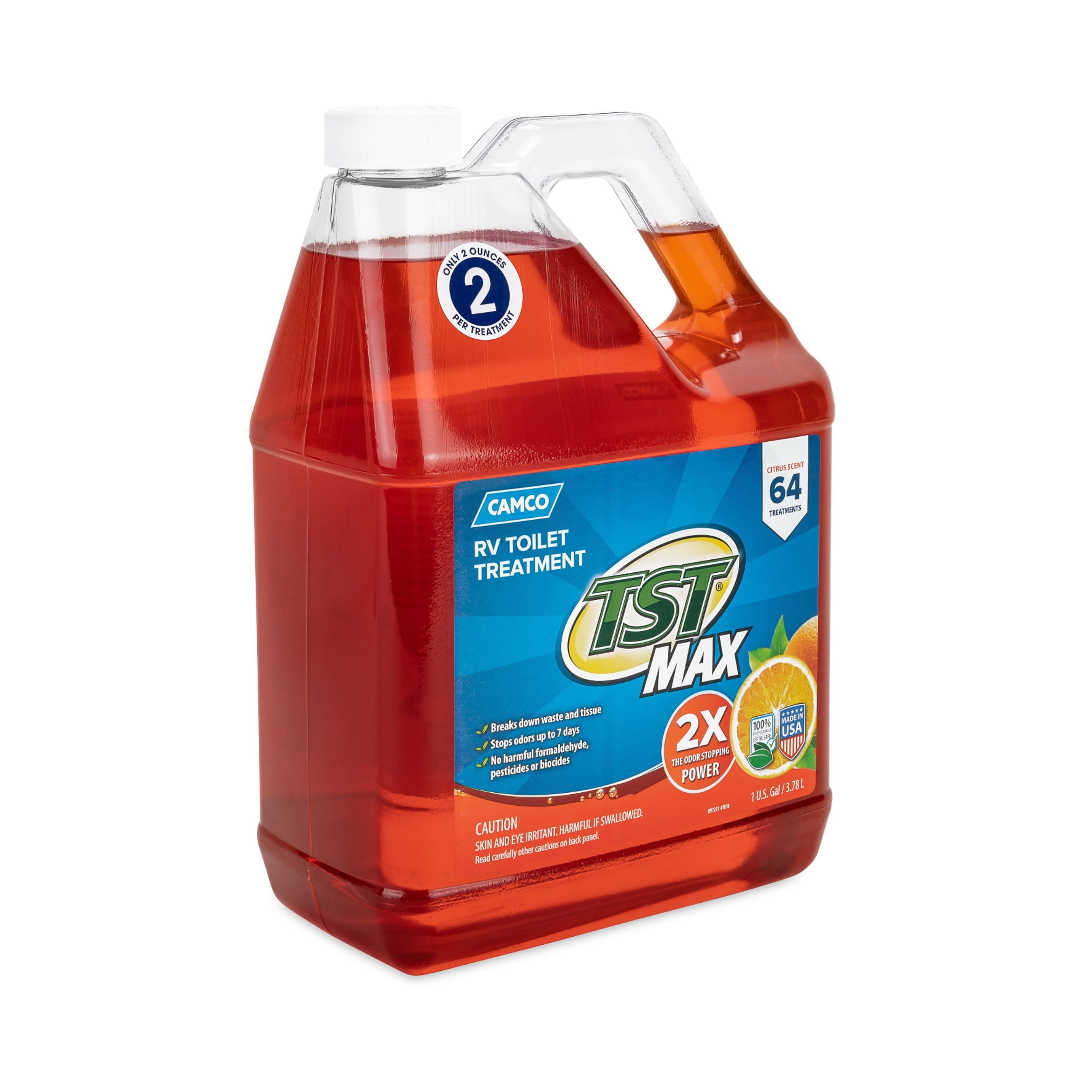 Camco TST MAX RV Toilet Treatment | Features a Biodegradable Septic Safe Formula and Orange Citrus Scent |  Ideal for Camping, Boating, and More | 1-Gallon (41197)