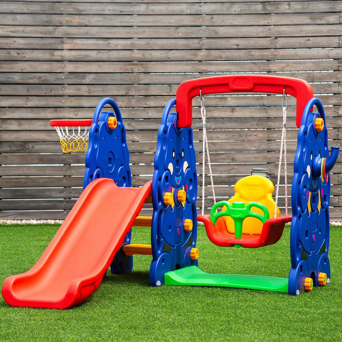 Costway 3 in 1 Junior Children Climber Slide Swing Seat Basketball Hoop Playset Backyard