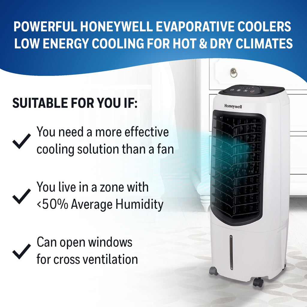 Honeywell Portable Evaporative Cooler with Fan, Humidifier & Remote, 29.6" TC10PEU, White