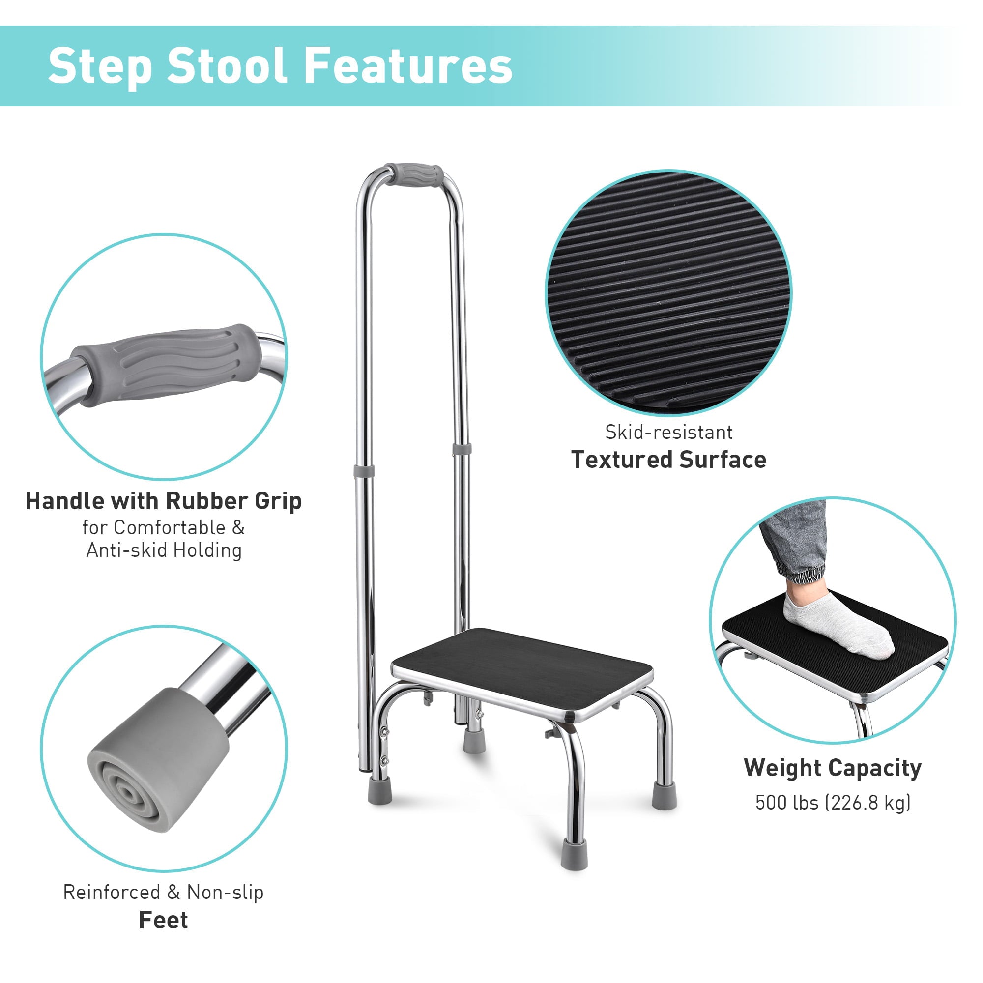 Yescom Medical Step Stool Non-Skid Steel Footstool with Handle Support for Seniors Kids