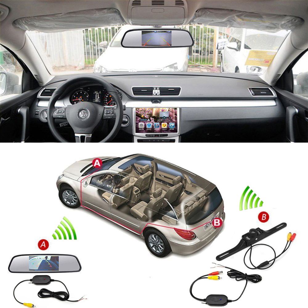 Podofo Wireless Car Backup Camera Kit 4.3" Mirror Monitor Waterproof License Plate Vehicle Rear View Camera with 7 LED IR Night Vision