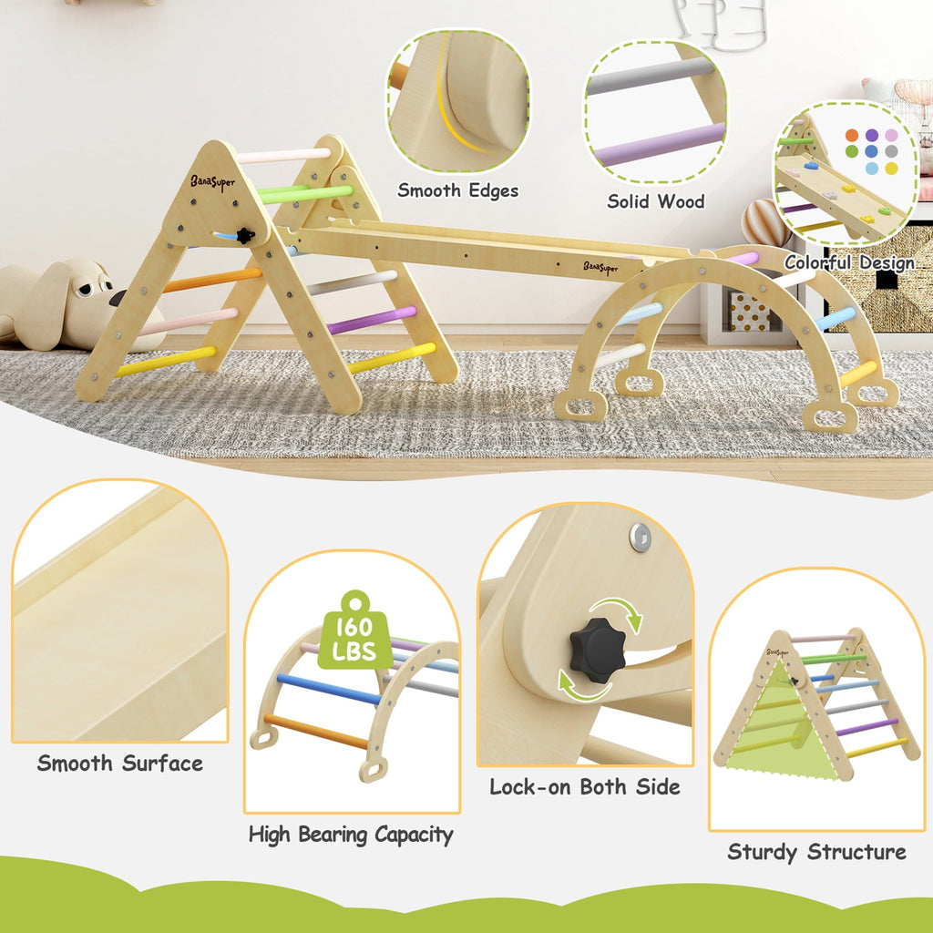 BanaSuper Colorful 3 in 1 Climbing Triangle Ladder with Ramp & Arch Foldable Wooden Triangle Climber Set Montessori Climbing Toys for Kids Ourdoor Indoor Playground Play Gym