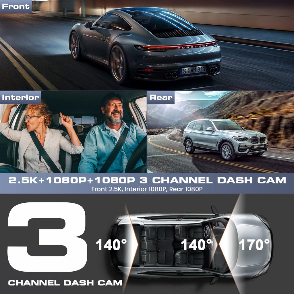 AUOSHI 3 Channel Dual Dash Cam Front Rear 4K/2.5K+1080P 3.16" Full HD with Wi-Fi GPS Free 64GB SD Card Car Dashboard Recorder IPS Screen Night Vision Wide Angle WDR 24H Parking Mode Support 256GB Max