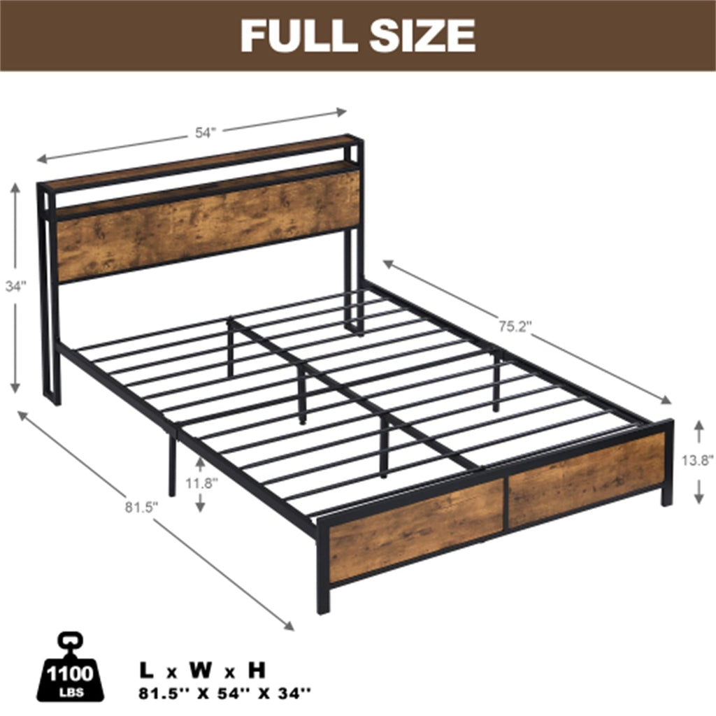 Full Size Platform Bed with LED Lights and 2 USB Ports, Industrial Full Bed Frame with Under-Bed Storage and Wooden Headboard, Noise Free, No Box Spring Needed, Rustic Brown