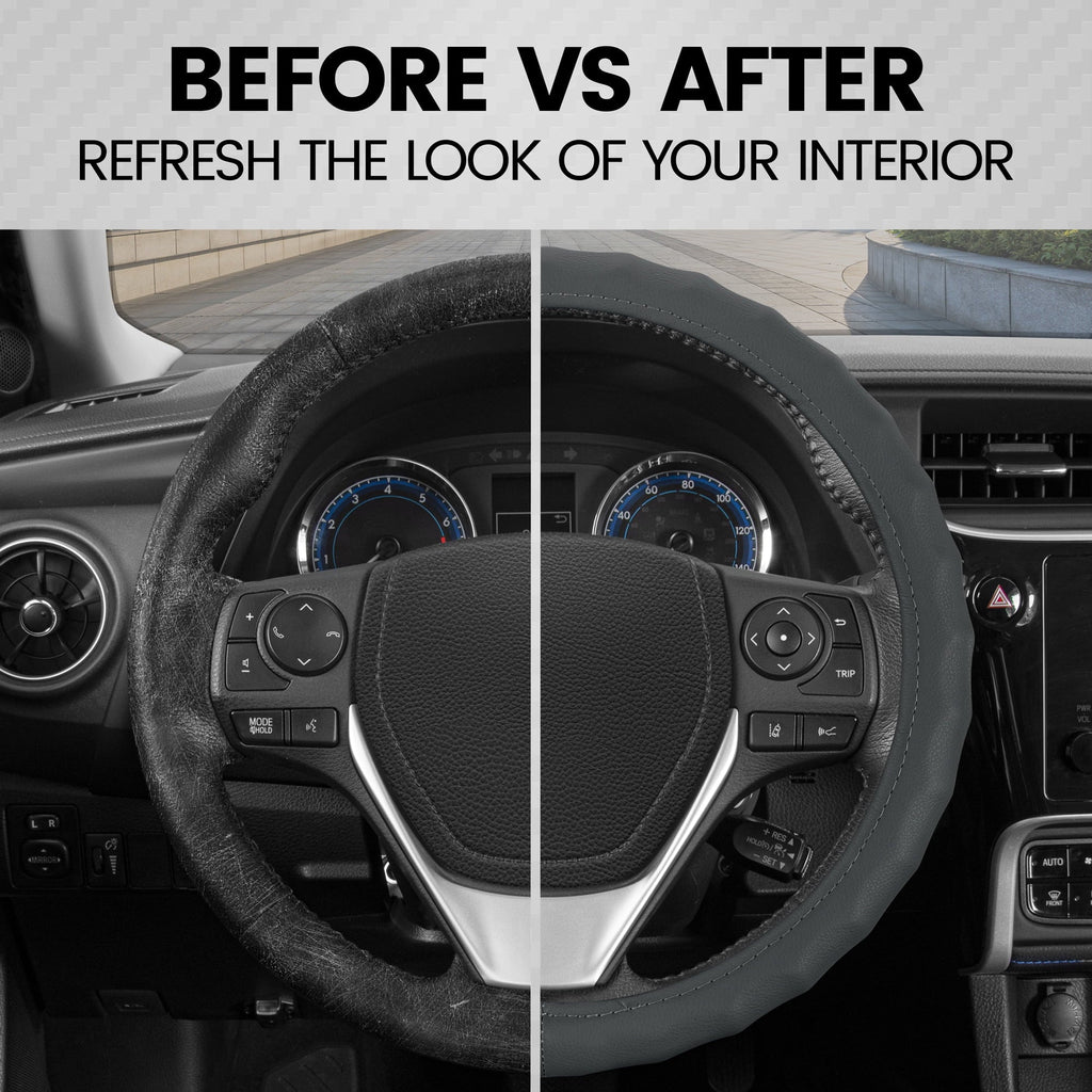 BDK Leather Car Steering Wheel Cover 14.5"-15.5" (Medium/Gray) -Universal Fit, Easy Installation
