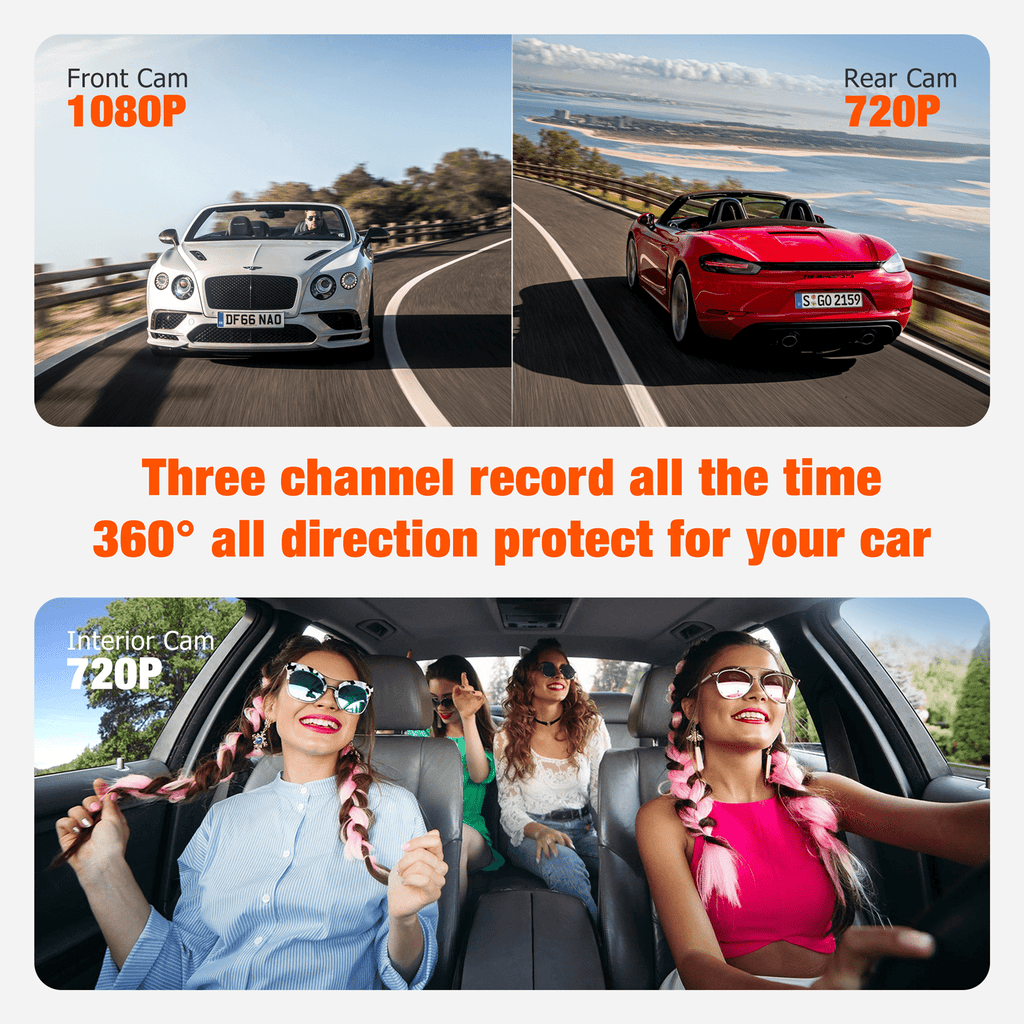 TOGUARD 3 Channel 1080P Dash Cam , 1080P+720P+720P Way Triple Car Camera,IR Night Vision, 24 Hour Parking Mode,with 64GB SD Card