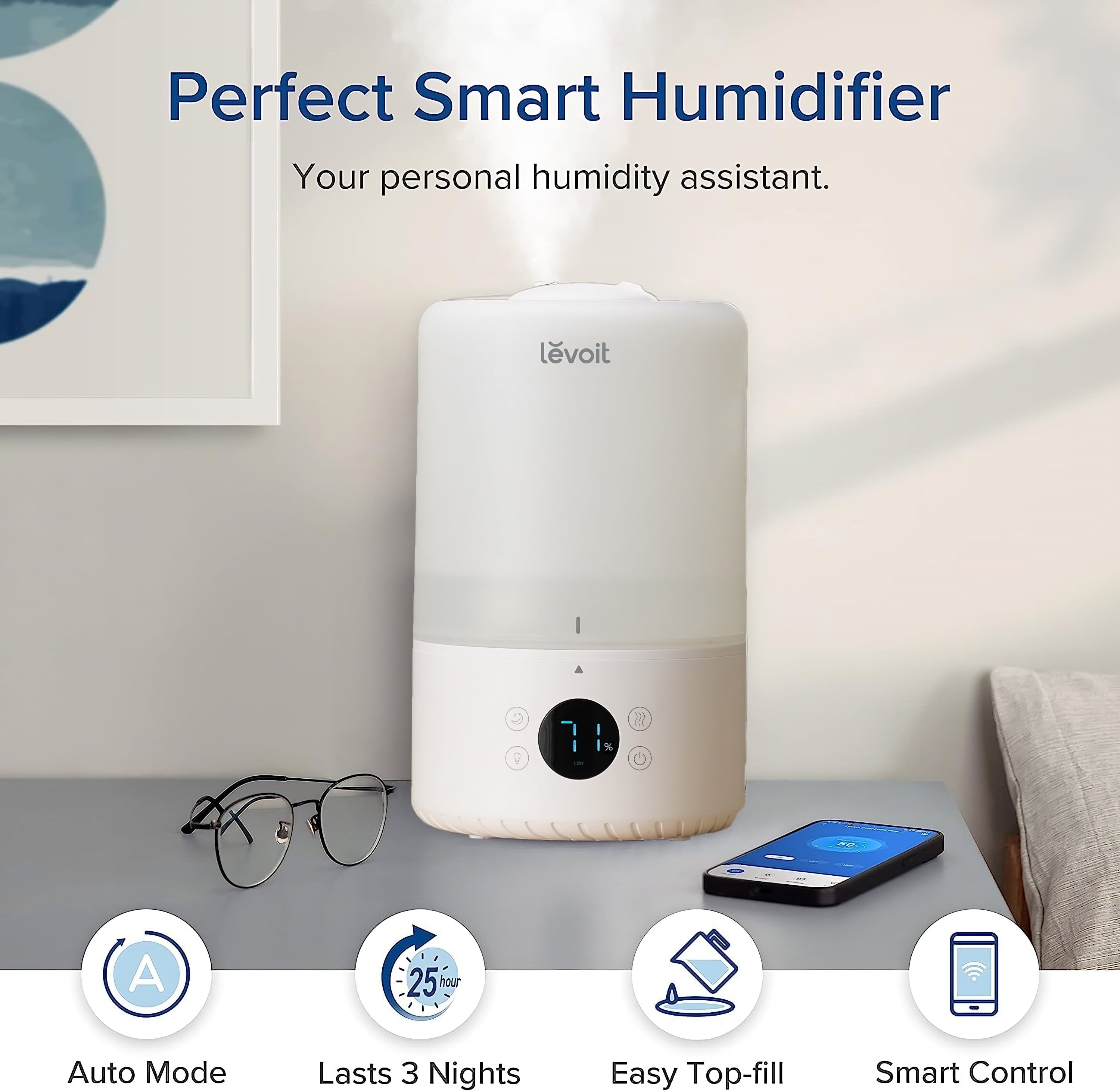 Levoit Smart Cool Mist Humidifier for Rooms, Top-Fill Humidifier for Baby with Sensor, Night Light, 3 Liter, Dual 200S, White