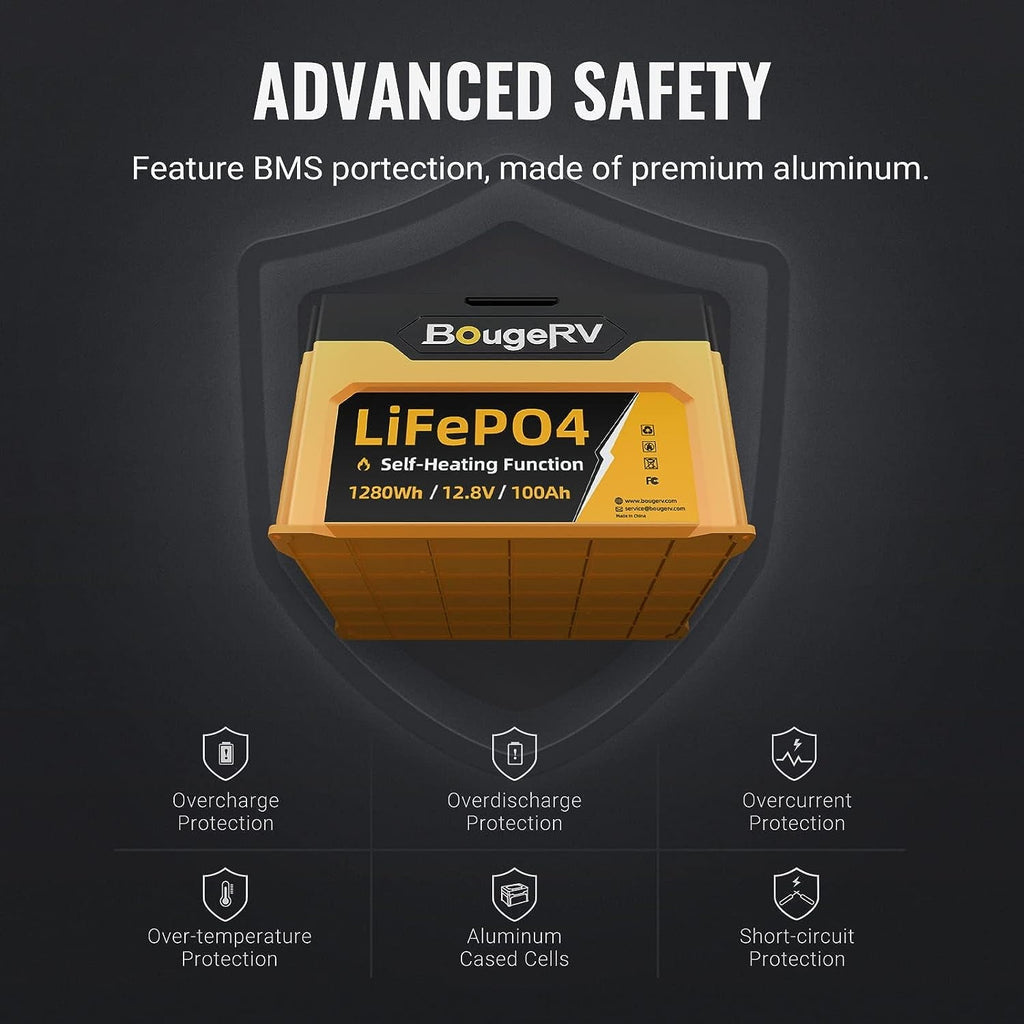 BougeRV 12V 100Ah Self-Heating LiFePO4 Battery, Low Temperature Protection, 1280Wh Deep Cycle Lithium Battery, BMS, for RV Solar Camper Marine