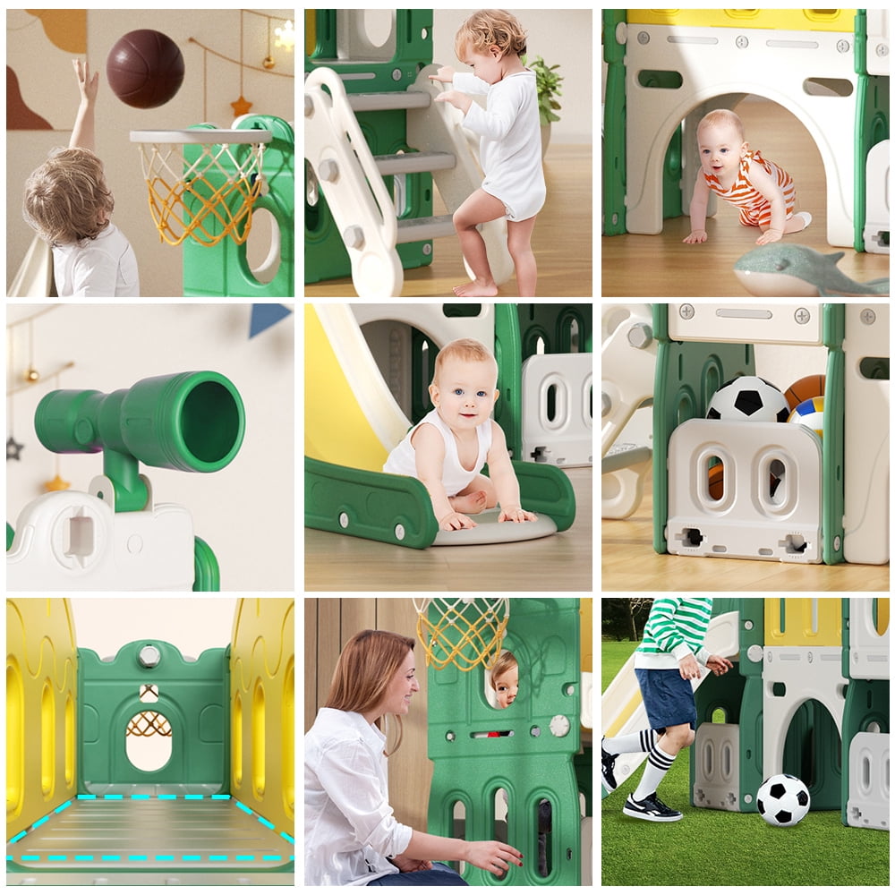 XJD 8-in-1 Toddler Slide, Indoor Slide Set Playground for Kids, Outdoor Slide Toddlers Climber and Slide Set with Basketball Hoop and Ball, Slide for Toddlers Age 12 Month +(Green)