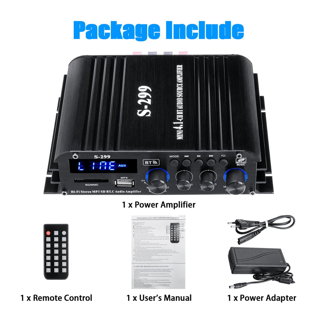 1600W Bluetooth Audio Power Amplifier, 4.1 Channel Support 2 Pairs Speakers 1 Subwoofer, Wireless HiFi Stereo Receivers for Home & Car
