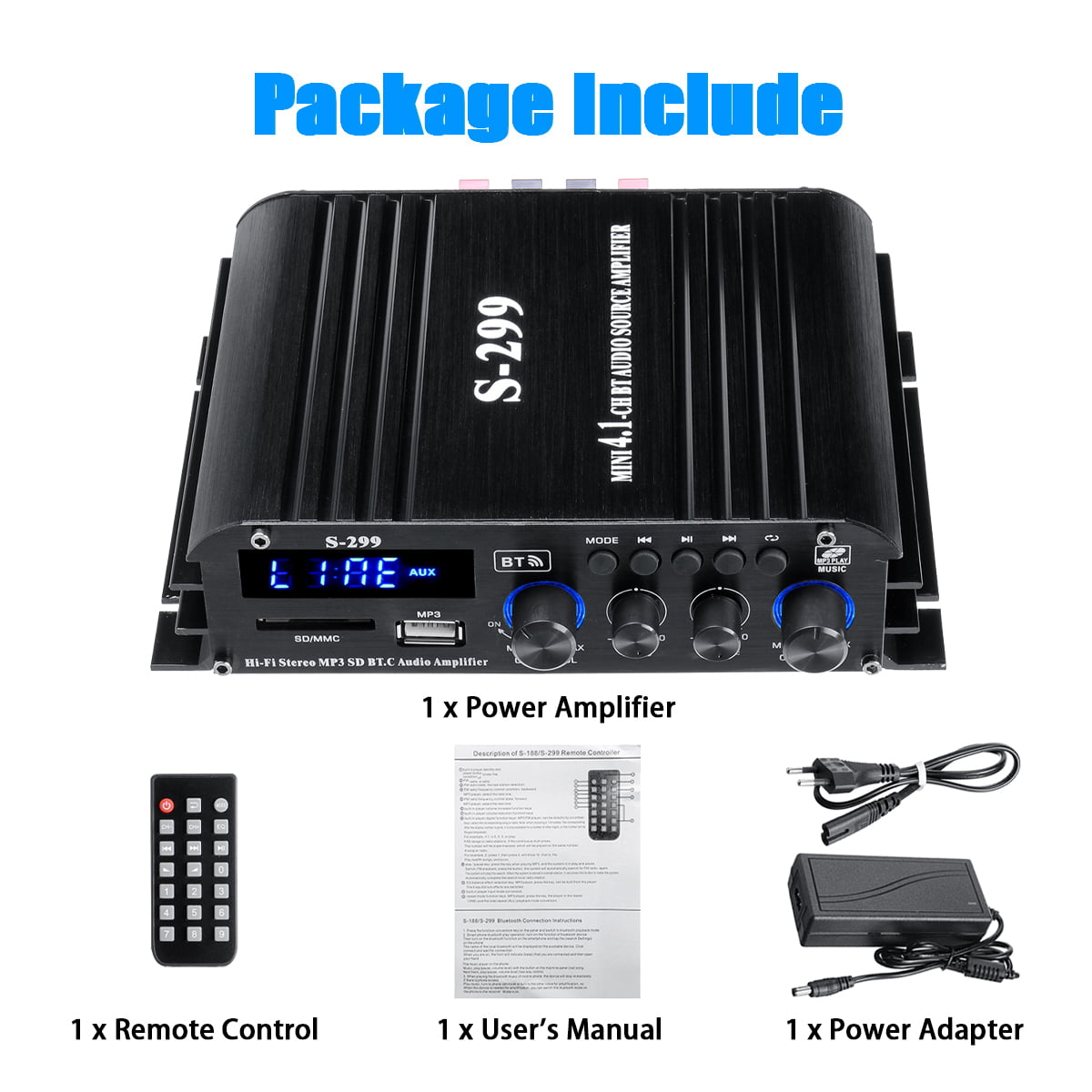 1600W Bluetooth Audio Power Amplifier, 4.1 Channel Support 2 Pairs Speakers 1 Subwoofer, Wireless HiFi Stereo Receivers for Home & Car