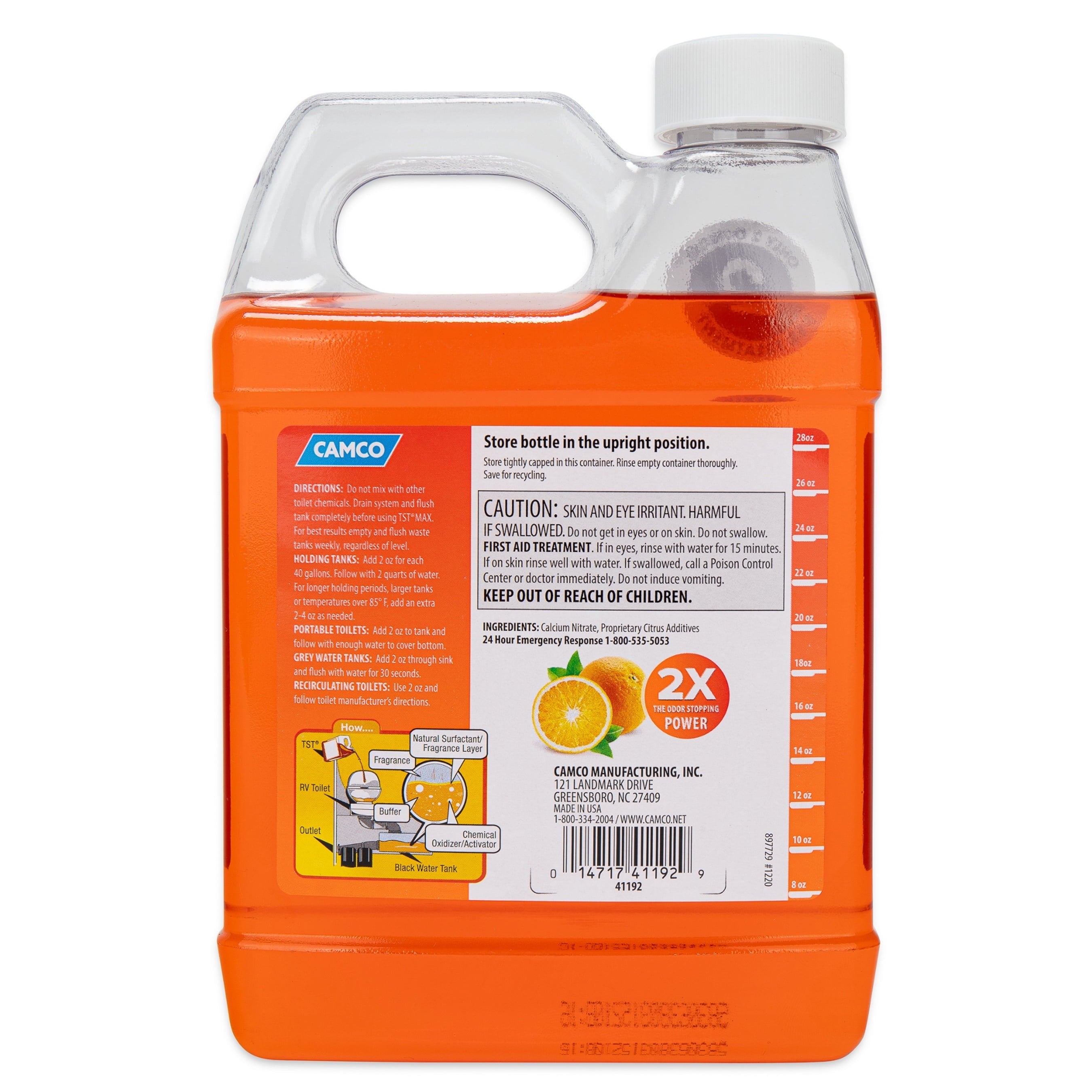 Camco TST MAX RV Toilet Treatment | Features an Ultra Concentrated Formula with Orange Citrus Scent | Stop Odors and Break Down Waste in Camper or Marine Waste Holding Tanks | 32oz. (41192)