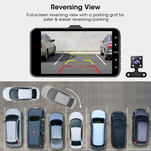 ABASK Q40S Dashcam Front and Rear 1080P FHD - 170° Wide Angle - 4 inch Screen - Reverse Parking Assistance, G-Sensor, Loop Recording, Parking Monitor, Motion Detection, WDR - With 32GB Card