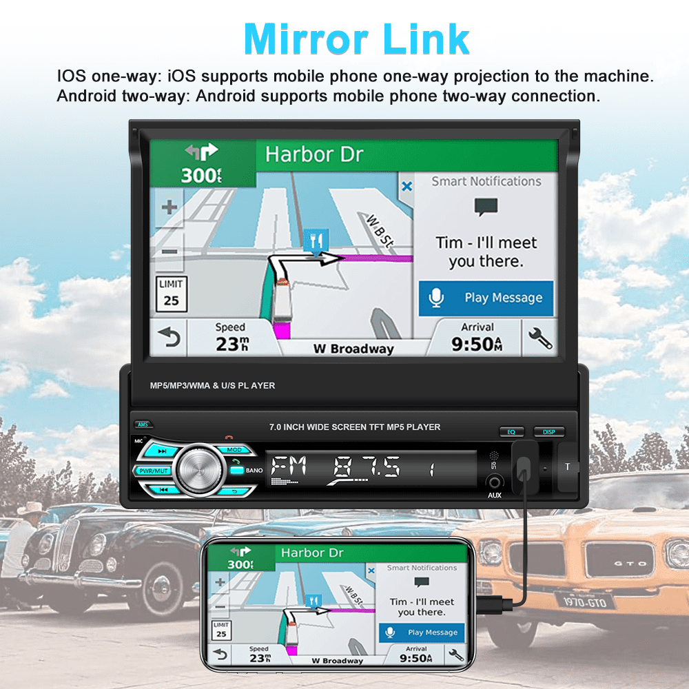 Podofo Universal Single 1 DIN 7" HD Touchscreen Retractable Car Stereo Radio Bluetooth Auto Apple Carplay Android Auto FM Mirror Link Function, with 12 LED Backup Camera