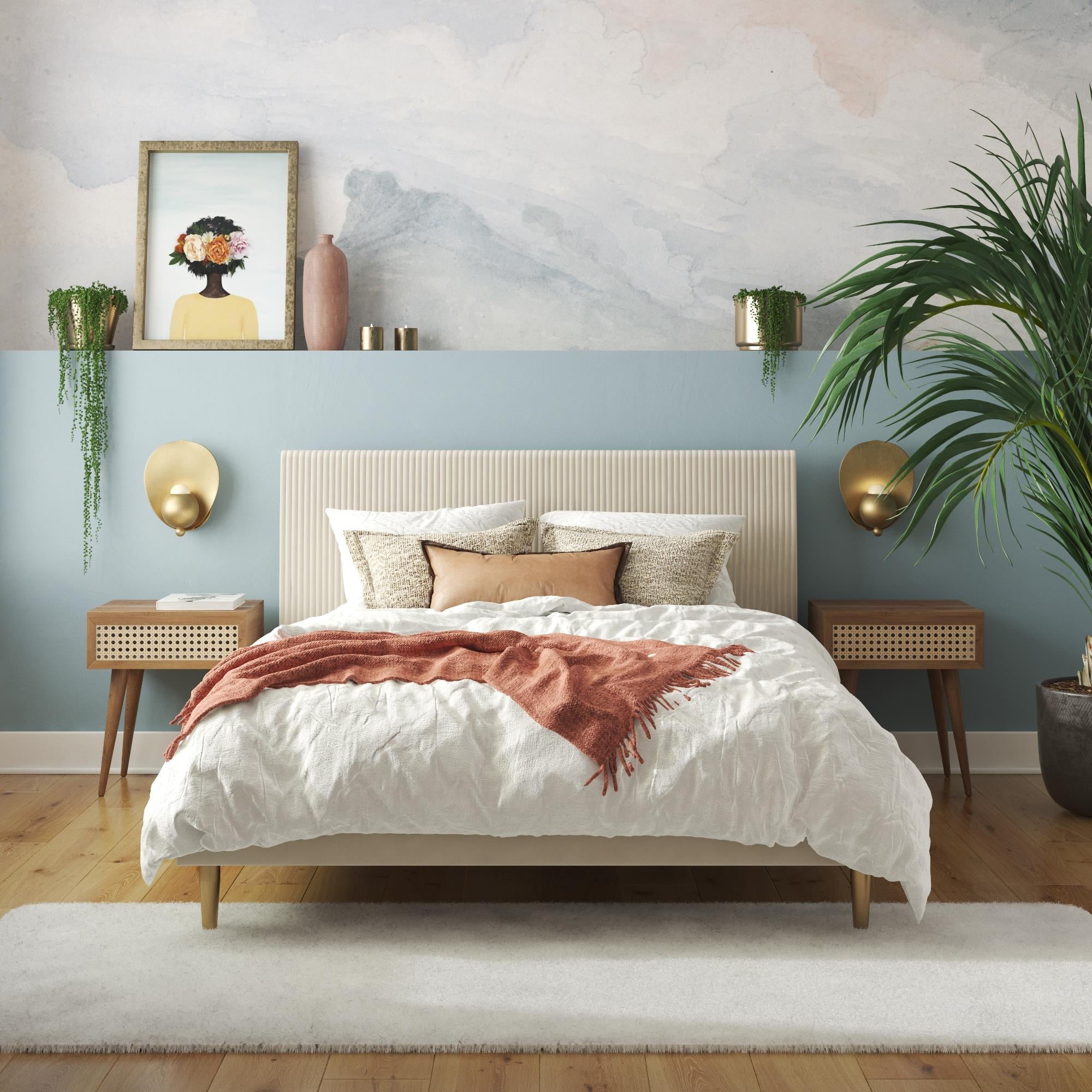 Mr. Kate Daphne Upholstered Bed with Headboard and Modern Platform Frame, Queen, Ivory Velvet