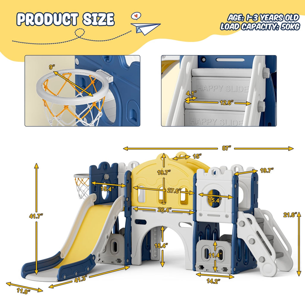GIKPAL 7 in 1 Toddler Slide Set, Kids Slide for Toddlers Age 1+, Toddler Climber Slide Play Set With Basketball Hoop and Ball, Outdoor Indoor Playground for Toddlers 1-3