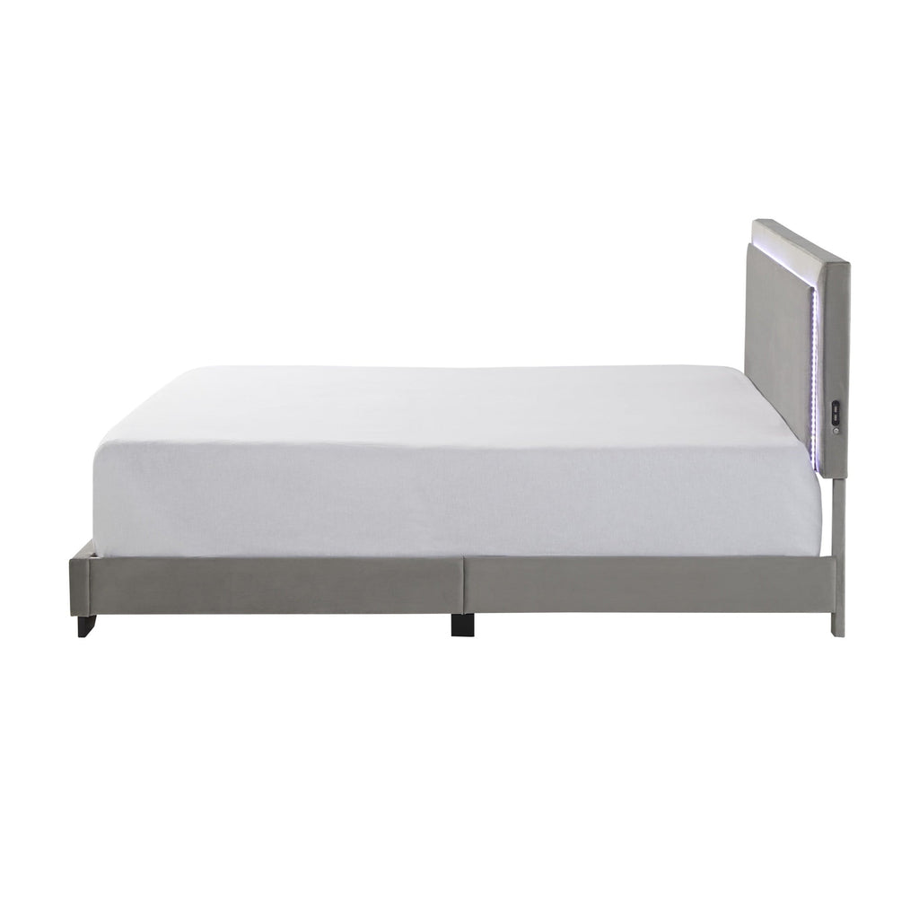 Anchorage Upholstered Queen Bed with LED Lights and USB, Platinum