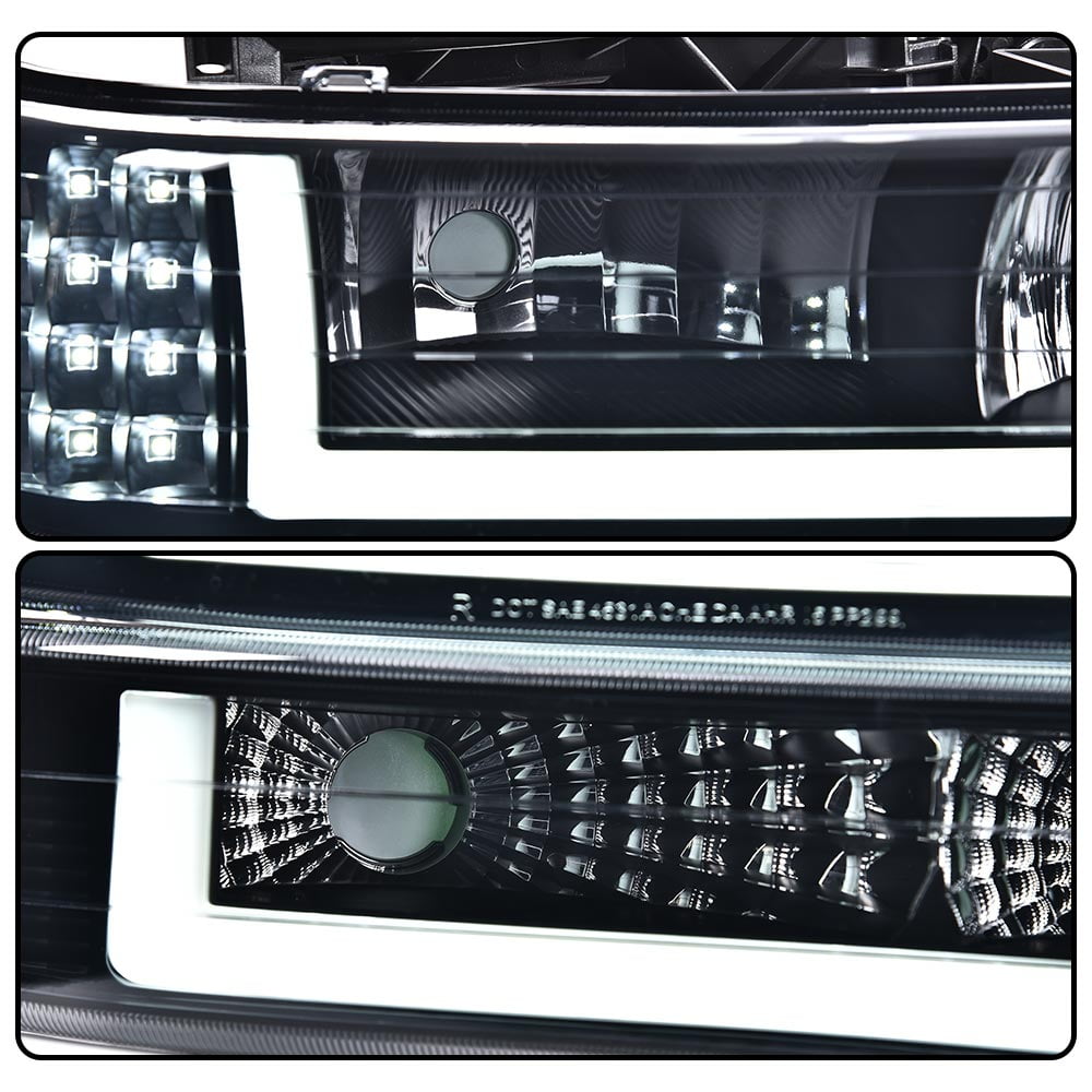 G-Plus LED DRL Headlights+Bumper Lamps Smoked Fit for 1999-2002 Chevy Silverado 2000-2006 Tahoe