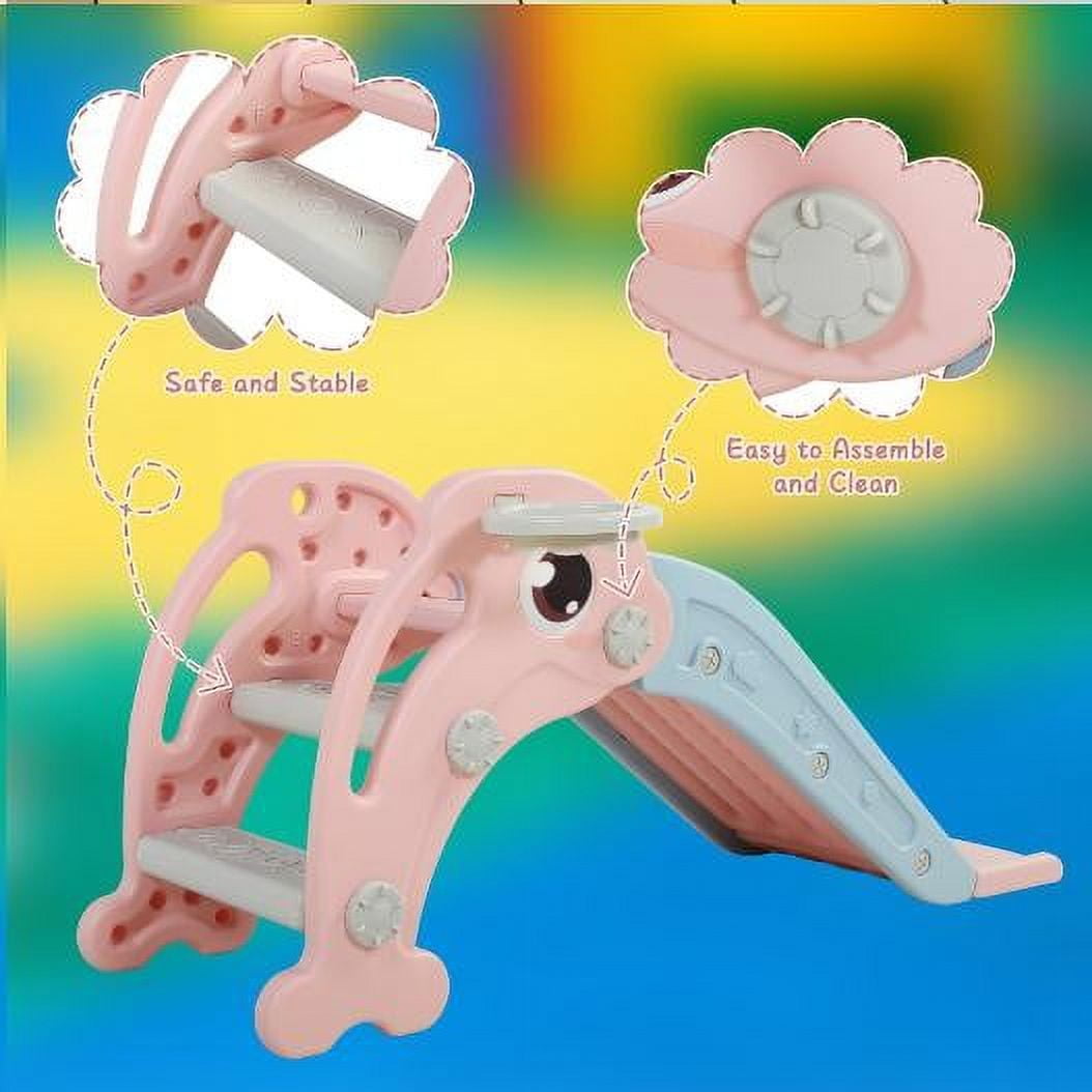 GERI 45 Inch Foldable Kid Toddler Slide Set, 2 IN 1 Slides with Basketball Hoop, Indoor Outdoor Children Playground Toy for 1-8 Year olds, Pink