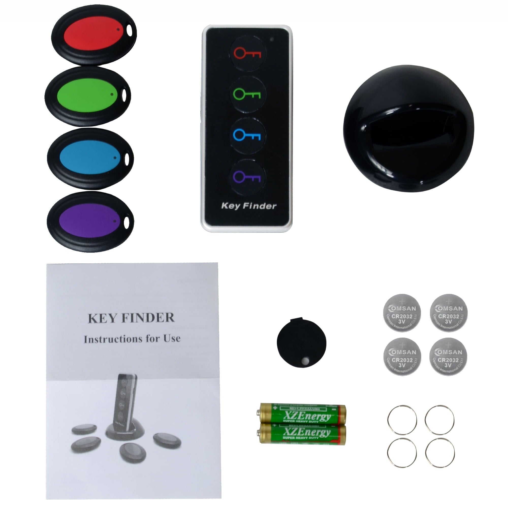 Key Finder RF Item Locator with 1 Transmitter and 4 Receivers, 130ft Working Range Wireless Item Tracker Support Remote Control LED Flashlight Function for Finding Phone, Wallet and Keys
