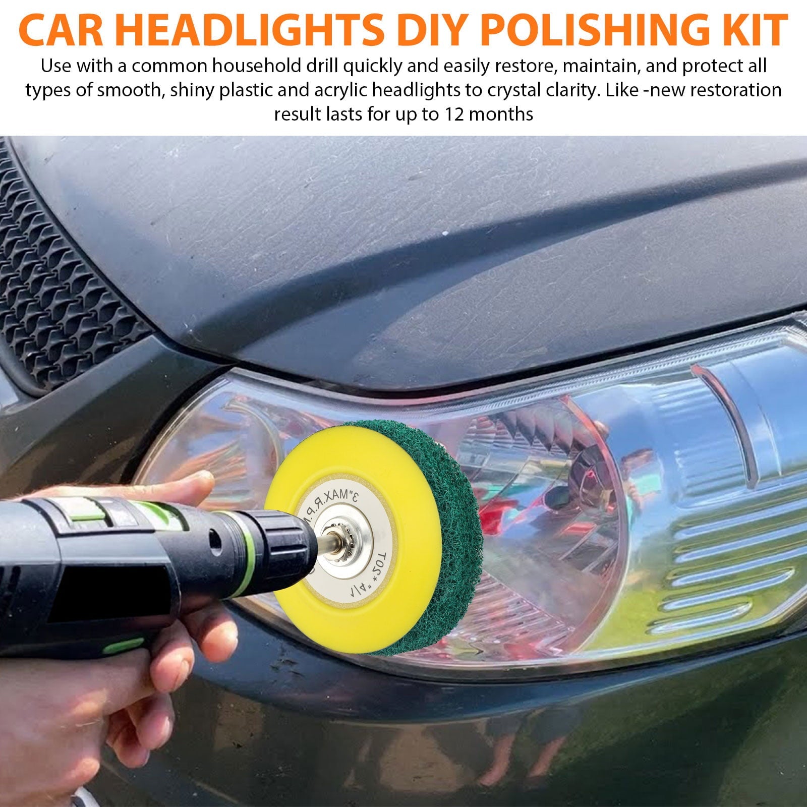 EEEkit Headlight Restoration Kit, 21pcs 3inch Car Headlights Electric Drill Based Car Lights DIY Polishing Kit with Sanding Backing Pad, Mop, Drill Adapter, Sponge Buffer Pad