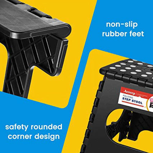 ACSTEP Step Stool 11 Inch,Tall Kids Folding Step Stool, Plastic Step Stools with Non-Slip Surface,Black