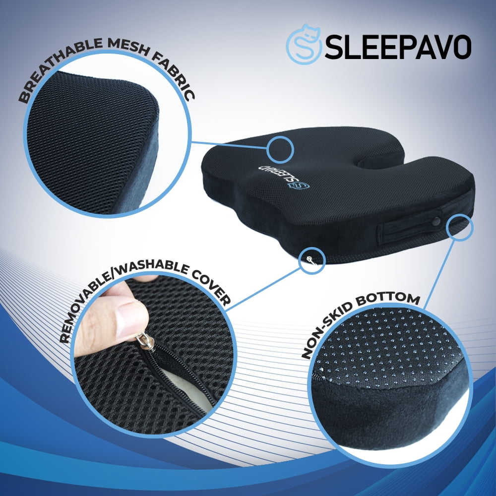Sleepavo Seat Cushion - Office Chair Cushion for Sciatica Pain Relief, Seat Cushion for Tailbone Pain Relief - Back Support Pillow - Seat Cushion for Car (Black)