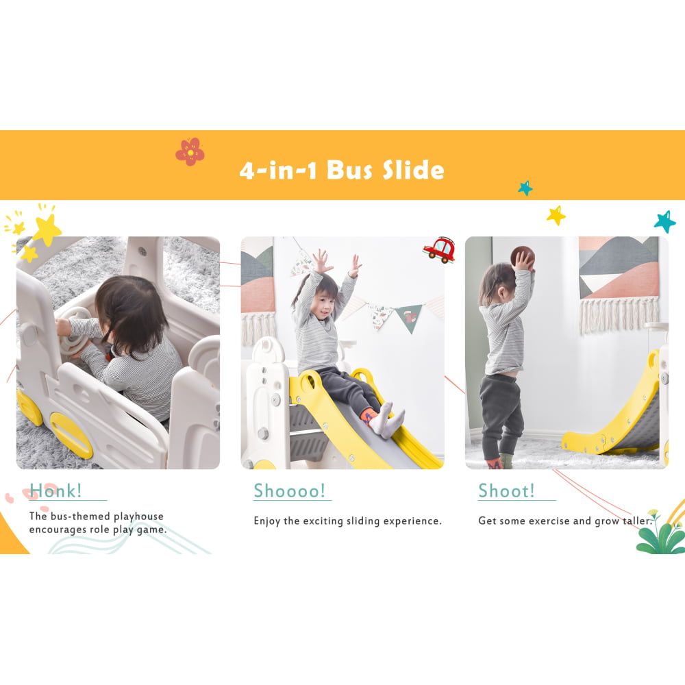 GERI Kids Slide with Bus Play Structure Climber, Freestanding Bus Climber with Slide for Toddlers, Bus Climber Slide Set with Basketball Hoop, Outdoor Playhouse for Toddlers, Yellow