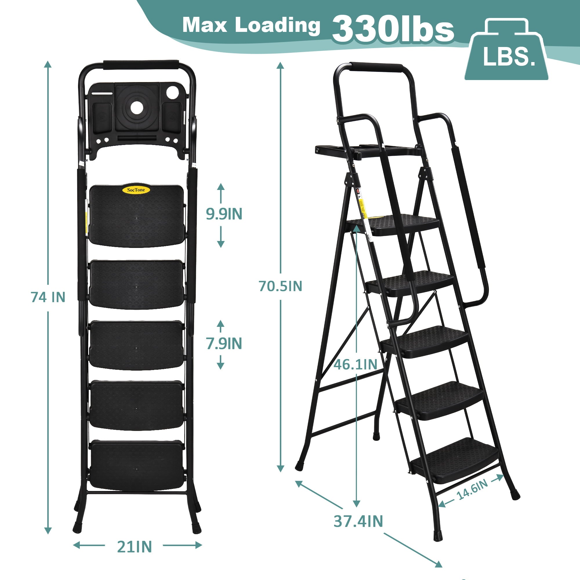 HBTower 5-Step Folding Step Stool Ladder with Handrails and Tool Platform, Load-bearing 330lbs, Wide Anti-Slip Pedal and Steel Ladder Handgrip, Black