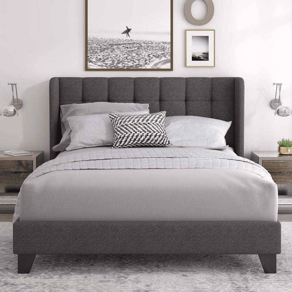 Einfach Queen Platform Bed Frame with Upholstered Wingback Linen Fabric Square Stitched Headboard, Dark Grey
