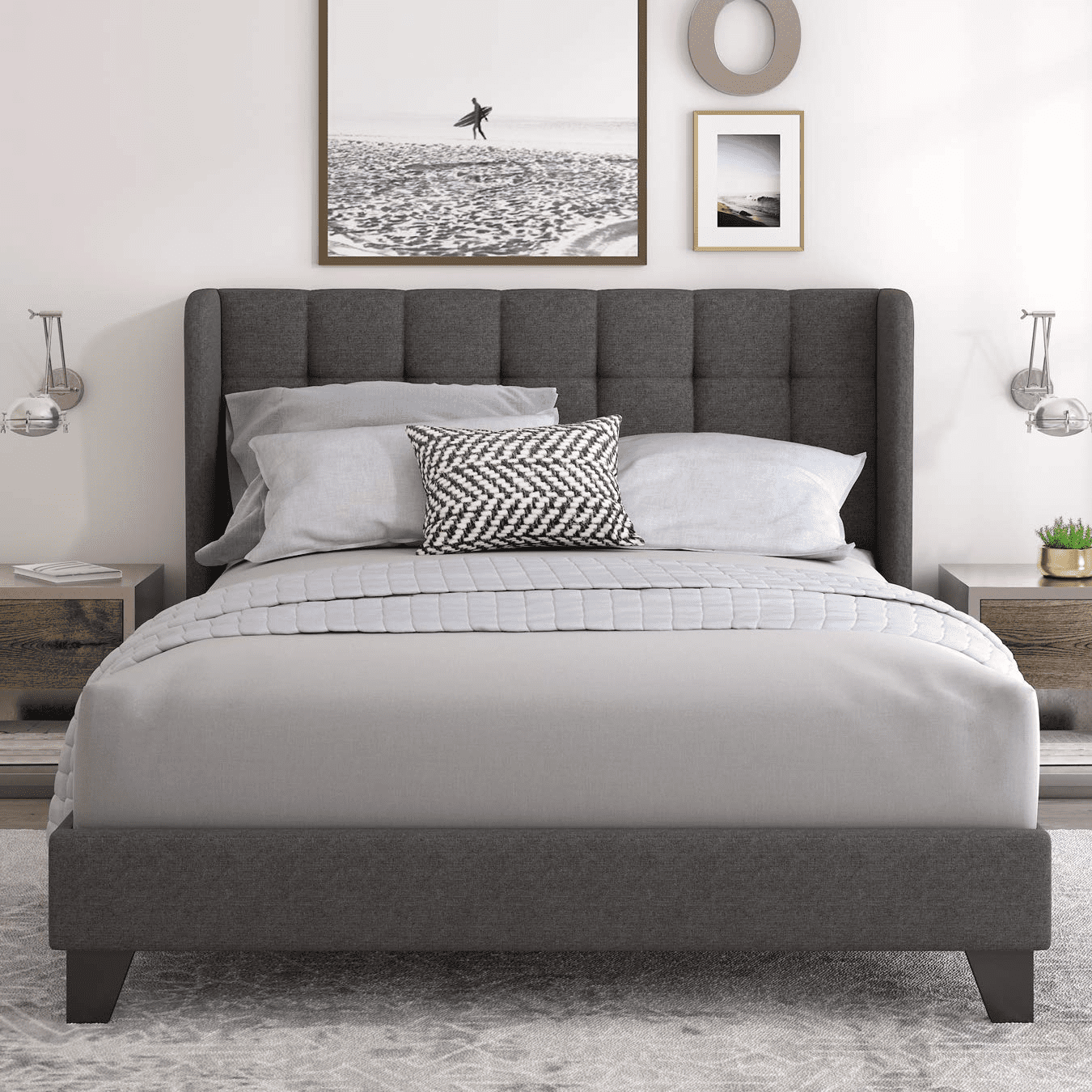 Einfach Queen Platform Bed Frame with Upholstered Wingback Linen Fabric Square Stitched Headboard, Dark Grey