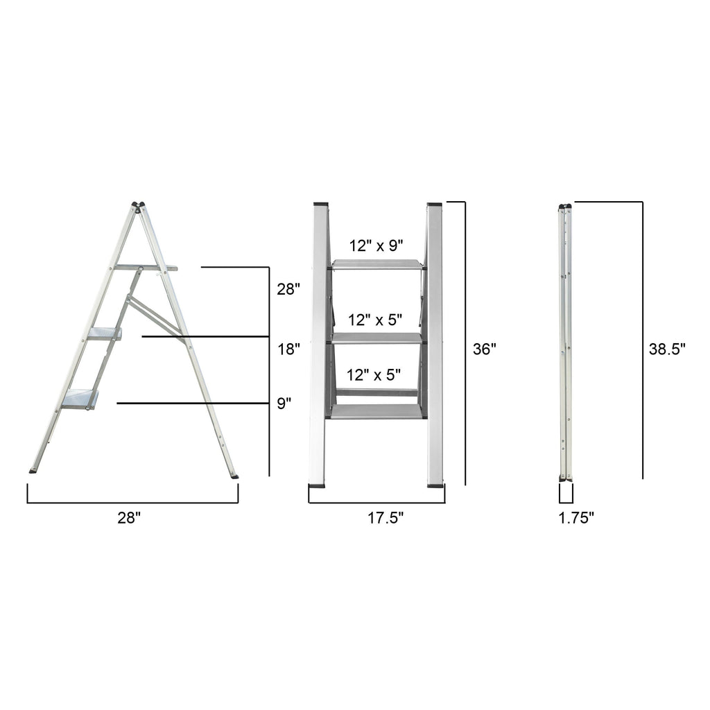 AmeriHome Ultra Slim Aluminum Three Step Folding Utility Step Ladder