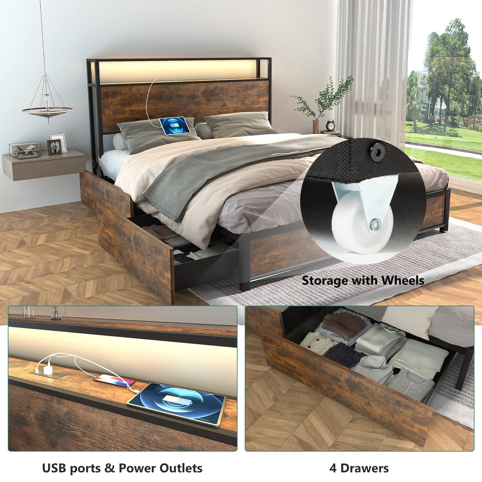 Full LED Bed Frame with Storage Headboard + 4 Drawers + Power Station, Industrial Metal Platform Bed, No Need Spring Box(Tan-Full)