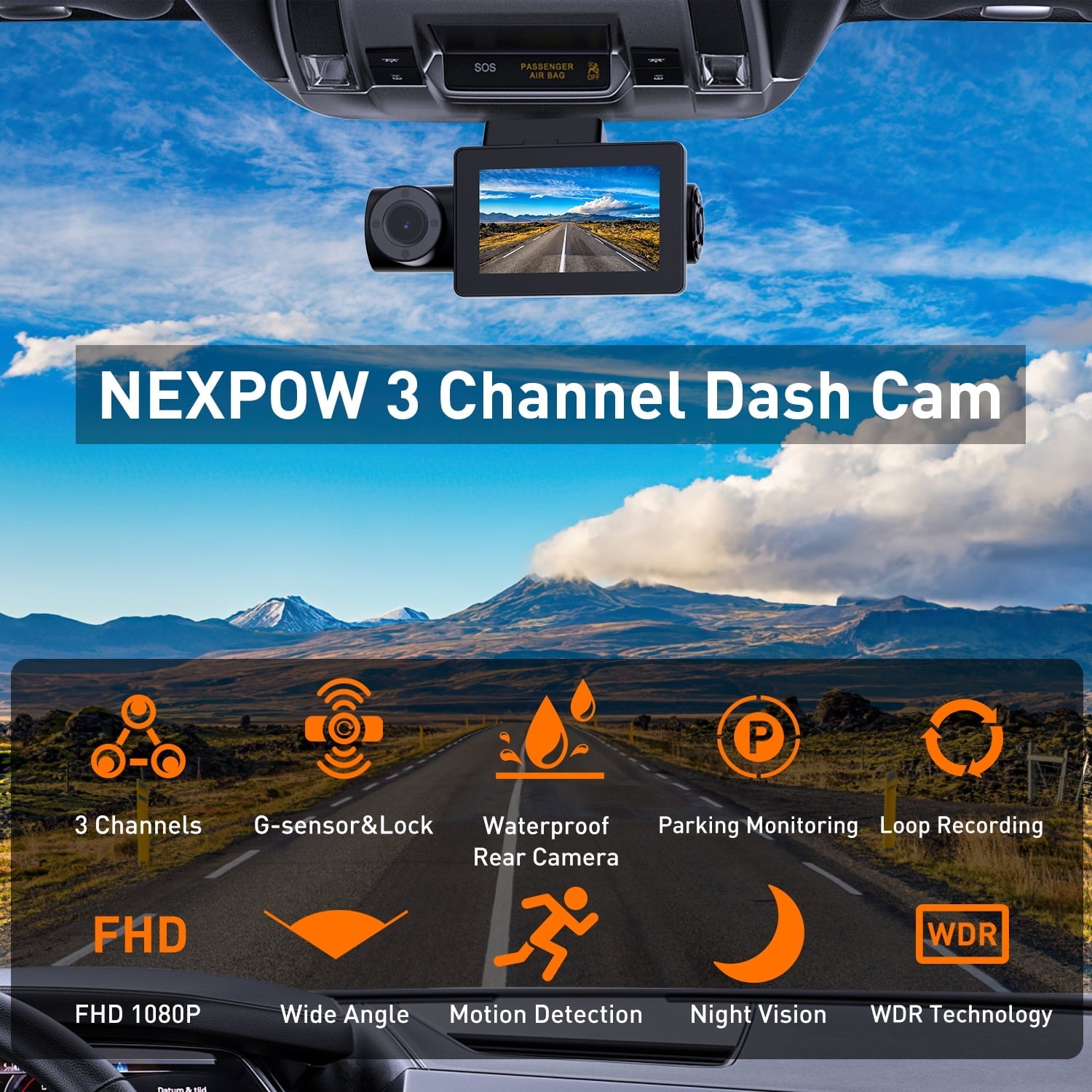 NEXPOW Car Dash Cam 3 Channel, 4k Dash Camera Front and Rear, Dashcam Three Way with 3" LCD Screen, Triple Car Camera with IR Night Vision, Loop Recording, G-Sensor, Parking Monitor