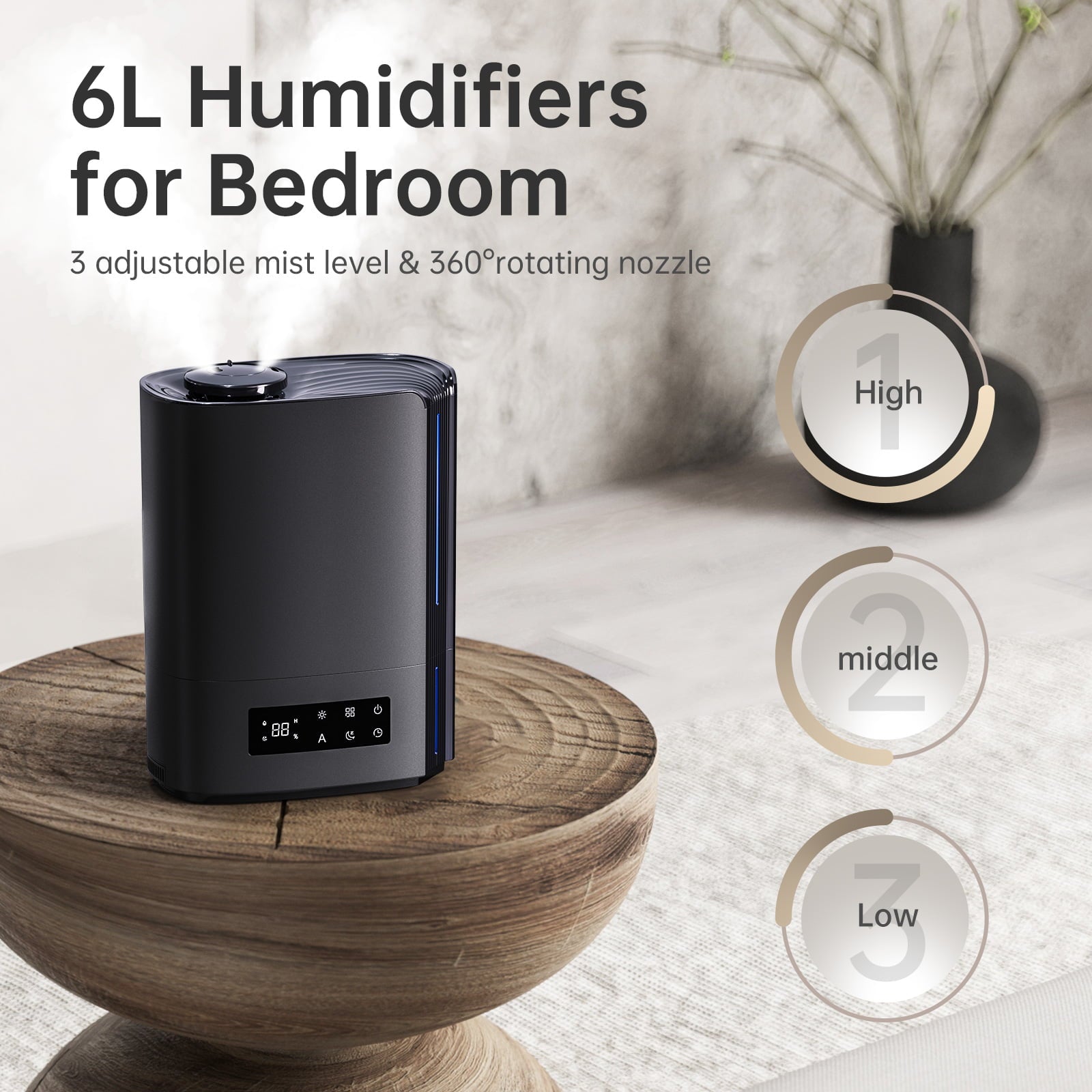 KLOUDIC Top-Fill 6L Cool Mist Large Humidifier for Home Air Vaporizer with Humidistat and Timer