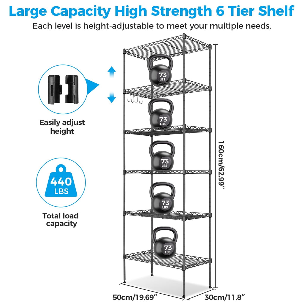 6-Tier Shelf Rack Wire Shelving Unit Storage Height Adjsutable Metal Shelf with 4 Side Hooks, 260lbs Capacity Free Standing Rack Organization for Kitchen Bedroom Garage
