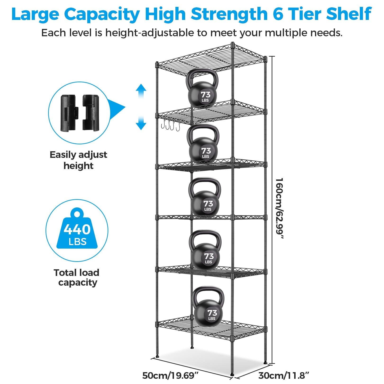6-Tier Shelf Rack Wire Shelving Unit Storage Height Adjsutable Metal Shelf with 4 Side Hooks, 260lbs Capacity Free Standing Rack Organization for Kitchen Bedroom Garage