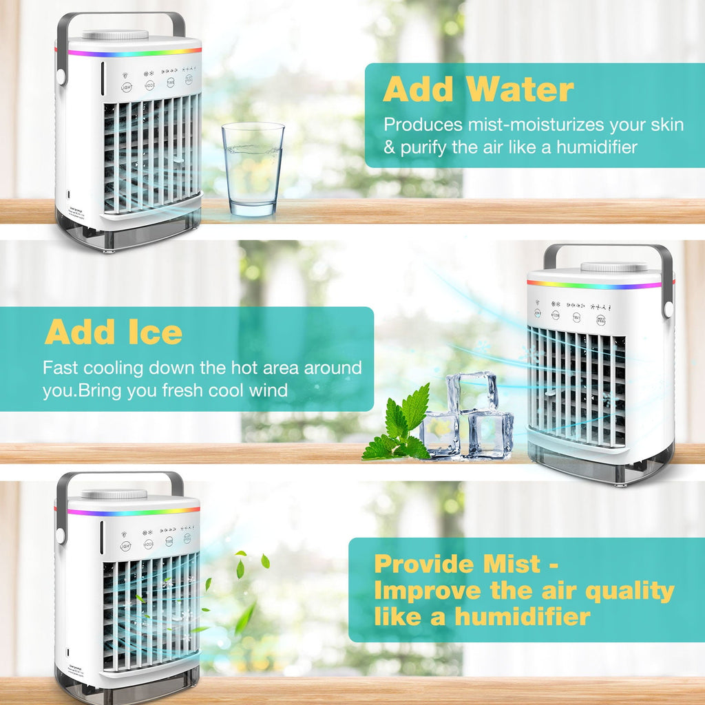 HailiCare Mini Portable Air Conditioner, 6-in-1 Evaporative Coolers with Mist Sprayer Function,Air Cooler with 4 Speeds and 7 Color LED Light for Home Bedroom Office