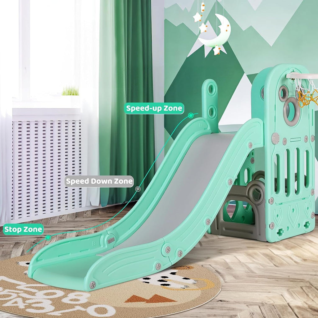 Arlopu Large Kids Slide, 4 in 1 Sturdy Toddler Slide Climber Playset with Basketball Hoop & Ball, Storage Space and Non-Slip Steps, Indoor Outdoor Toy for Children 1 Years +
