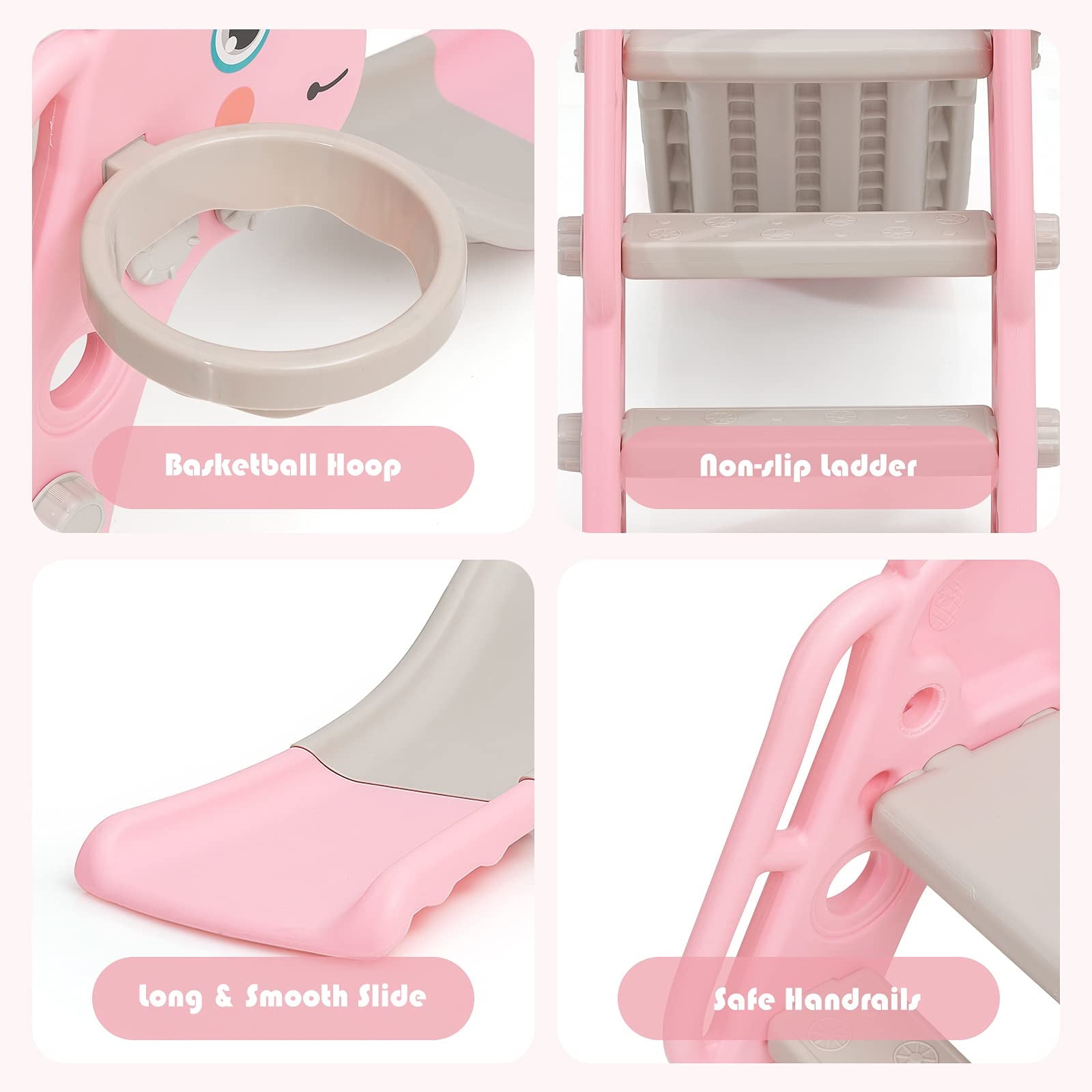 REIDIU 3 in 1 Slide for Kids, Toddler Slide Climber Set for Indoor Outdoor, Freestanding Game Slide with Extra Long Slipping Slope, Basketball Hoop and Ball for Boys & Girls (Pink)