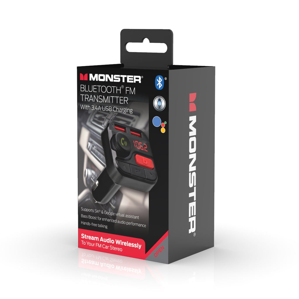 Monster LED Bluetooth FM Transmitter with 2 USB Ports, 3.4 Amp, 2 Charging Ports, Compatible USB Mobile Devices