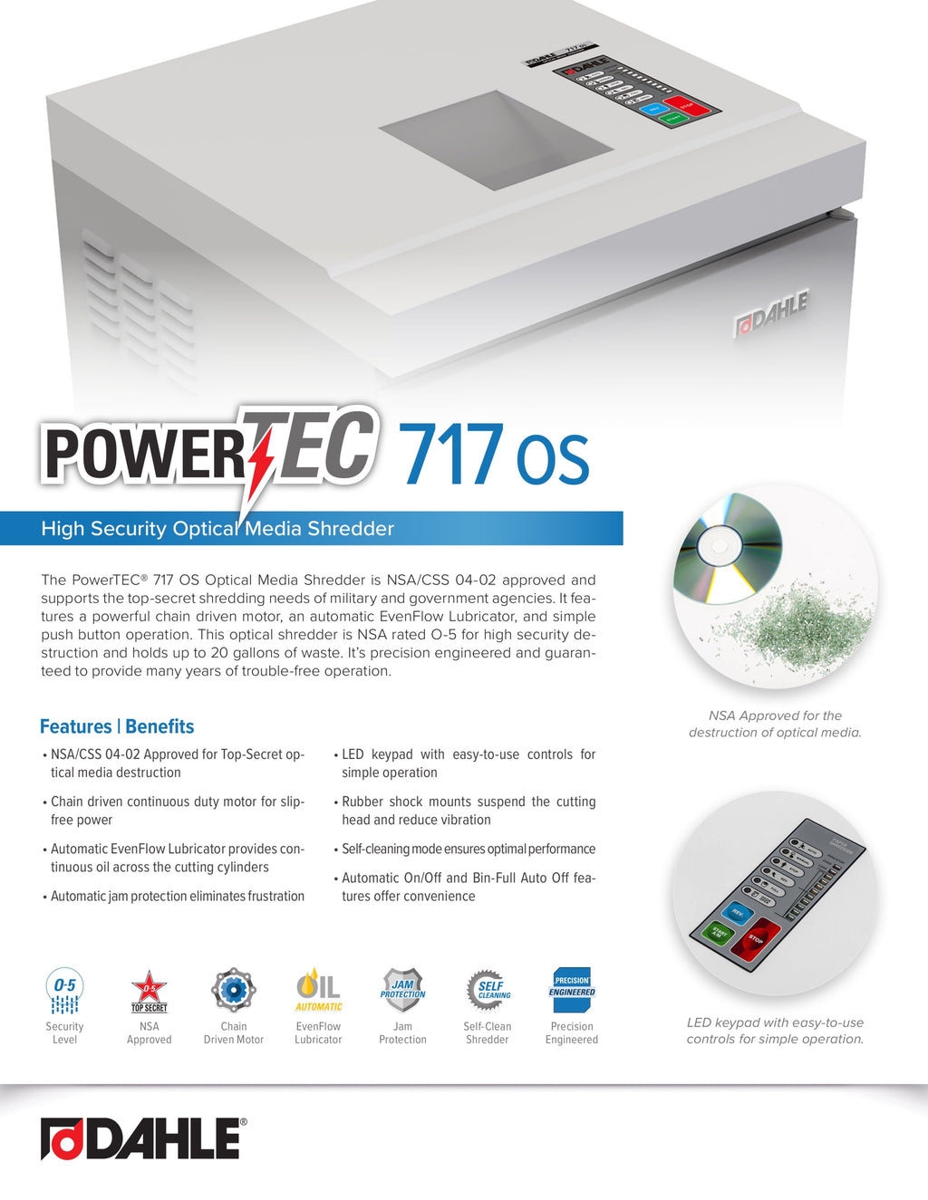 Dahle PowerTEC 717 OS Optical Media Shredder for Top-Secret CDs/DVDs, Auto Oiler, Level O-5